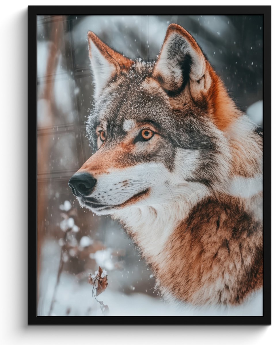 FrameYourWall Poster in lijst - Fotolijst 50x70 cm - Posters - Wolf - Sneeuw - Winter - Dieren - Natuur - Sneeuw - Posterlijst zwart - Decoratie - Wanddecoratie woonkamer - Muurdecoratie slaapkamer