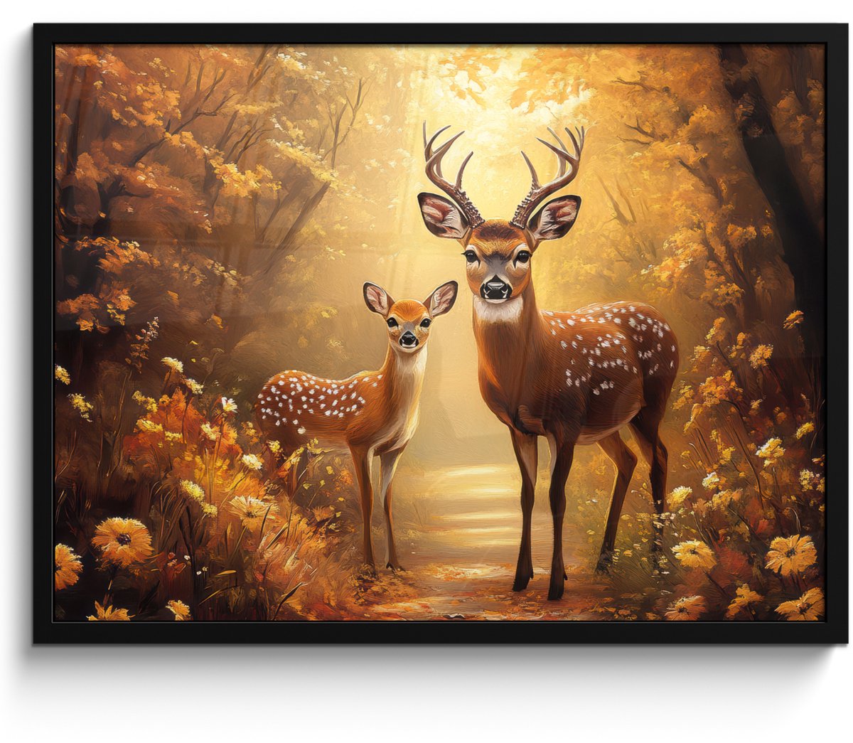 FrameYourWall Poster in lijst - Fotolijst 70x50 cm - Posters - Herfst - Bos - Herten - Bosdieren - Natuur - Bruin - Posterlijst zwart - Decoratie - Wanddecoratie woonkamer - Muurdecoratie slaapkamer