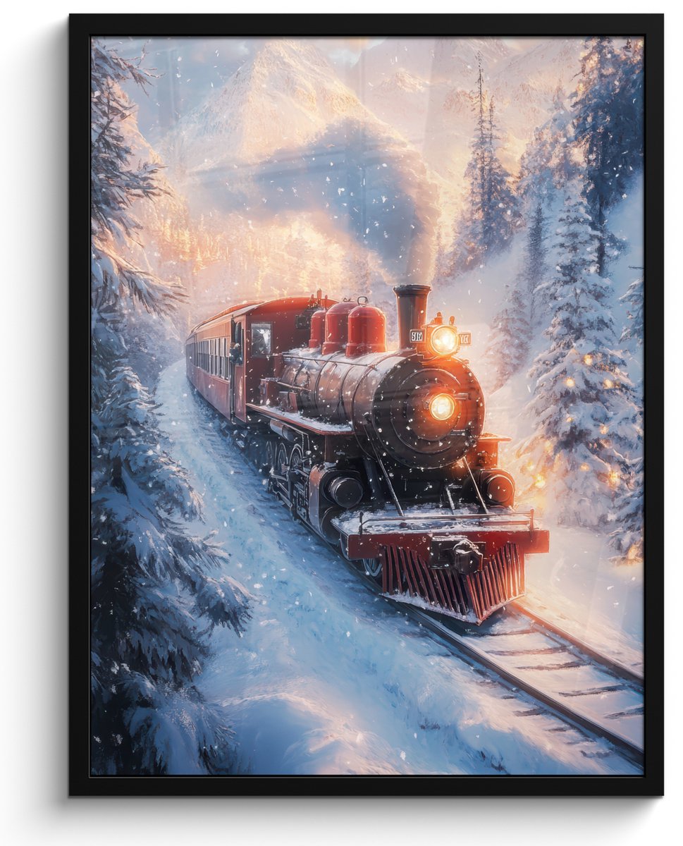 FrameYourWall Poster in lijst - Fotolijst 50x70 cm - Posters - Kersttrein - Sneeuw - Winter - Kerst - Posterlijst zwart - Decoratie - Wanddecoratie woonkamer - Kerstdecoratie voor binnen - Kerstversiering - Kerstmis versiering in huis - Kerstaccessoires Stoomtrein - Winter