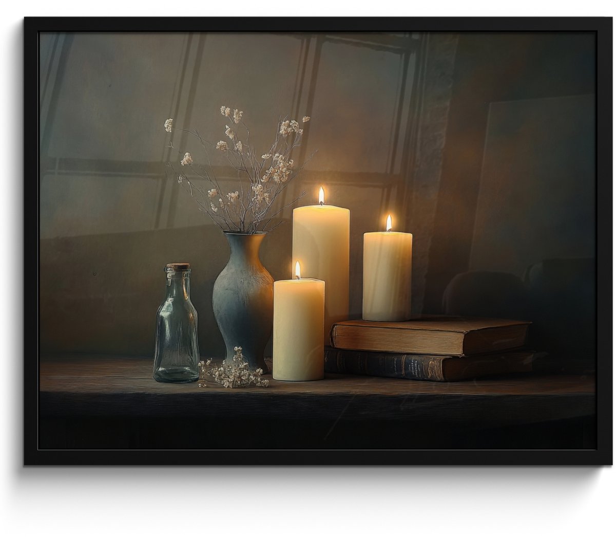 FrameYourWall Poster in lijst - Fotolijst 70x50 cm - Posters - Kaarsen - Stilleven - Rustiek - Boeken - Posterlijst zwart - Decoratie - Wanddecoratie woonkamer - Muurdecoratie slaapkamer