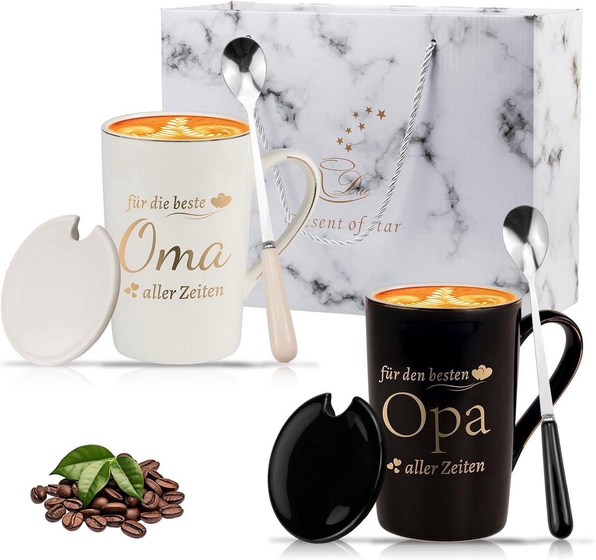 Set van 2 Koffiemokken voor Opa en Oma - Grootouders Cadeau - 400 ml Wit en Zwart