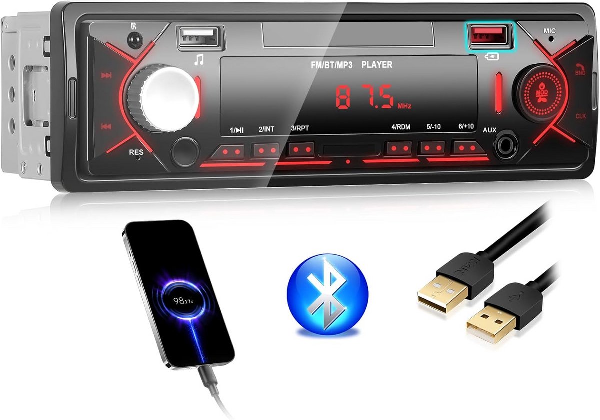 1 DIN Autoradio met Bluetooth, FM, AUX, USB en SD Kaart Ondersteuning