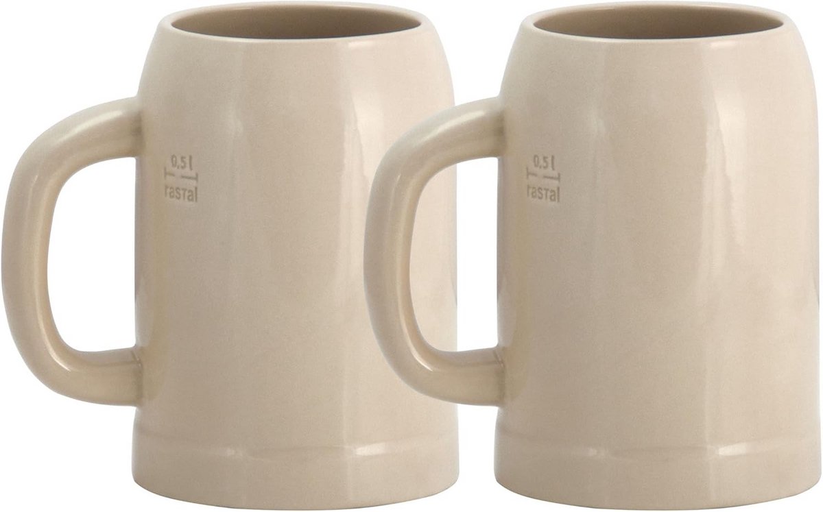 Set van 2 Bierpullen Humpen 0,5L Steengoed met Hendel en Maatstreep