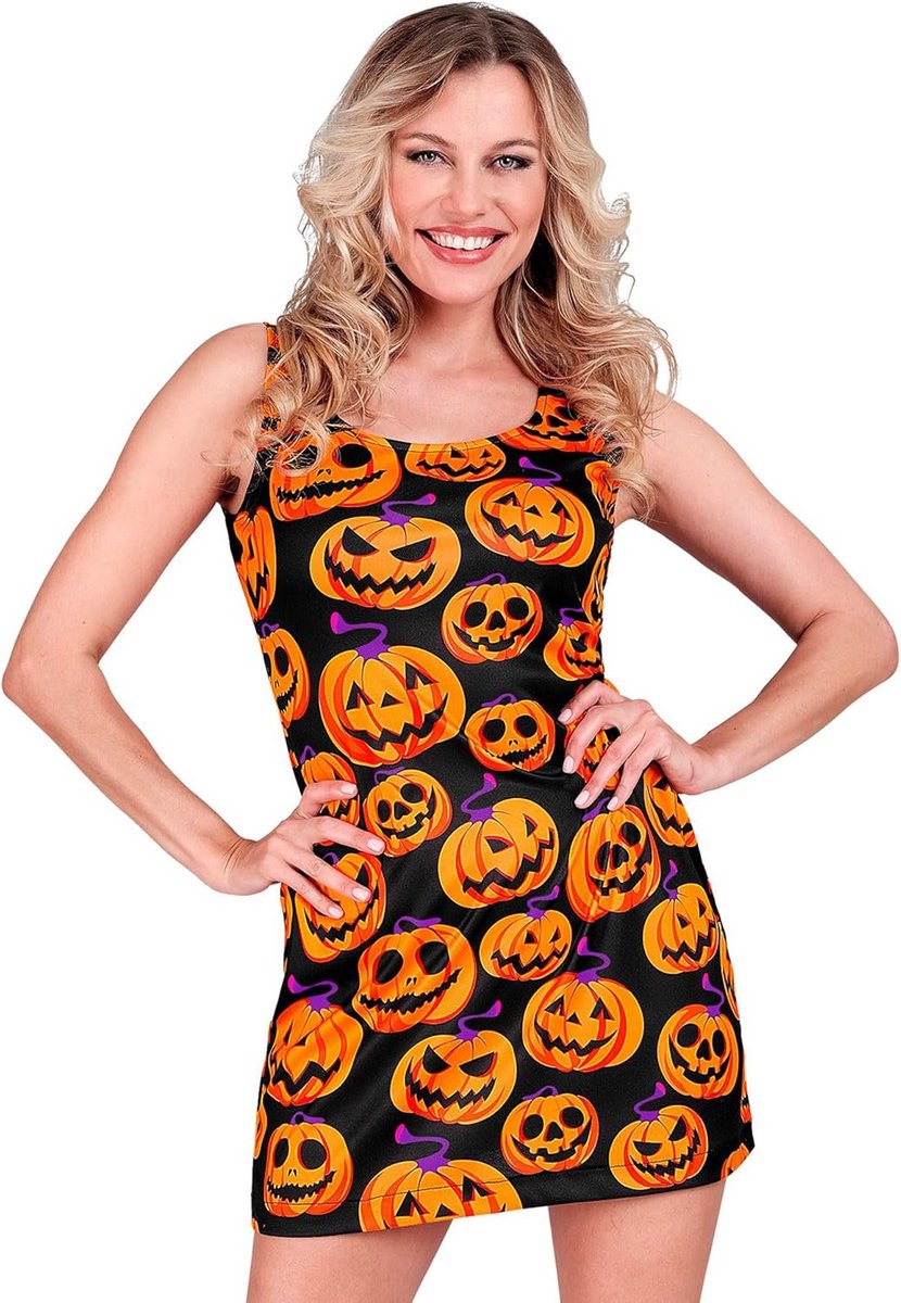 Sexy Pompoen Halloween Kostuum voor Dames met UV-effect | Kort Zwart Feestjurk