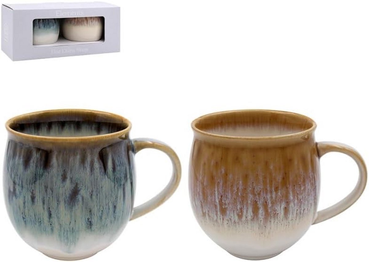 Set van 2 Keramische Mokken met Reactionair Emaille - Amber en Zwart Gespikkeld