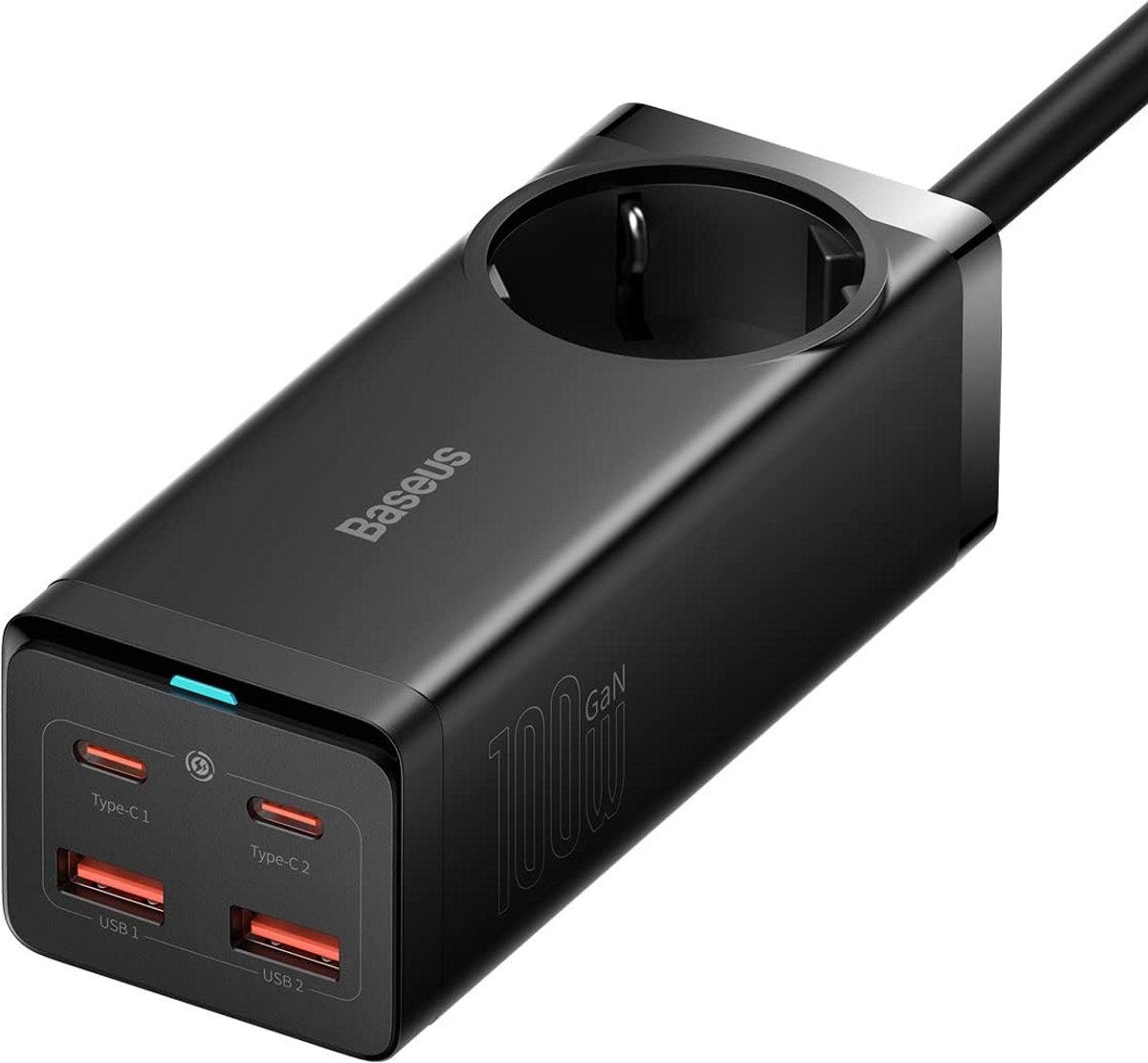 Krachtige GaN Oplader met 2 USB-C, 2 USB en Stopcontact, 100W