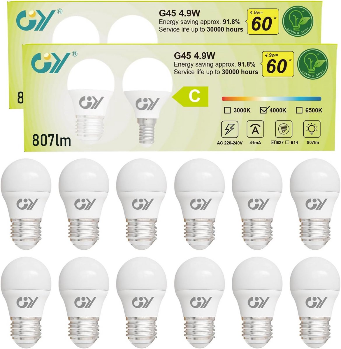 Set van 12 Ledlampen E27 Neutraal Wit 4000K Energiezuinig