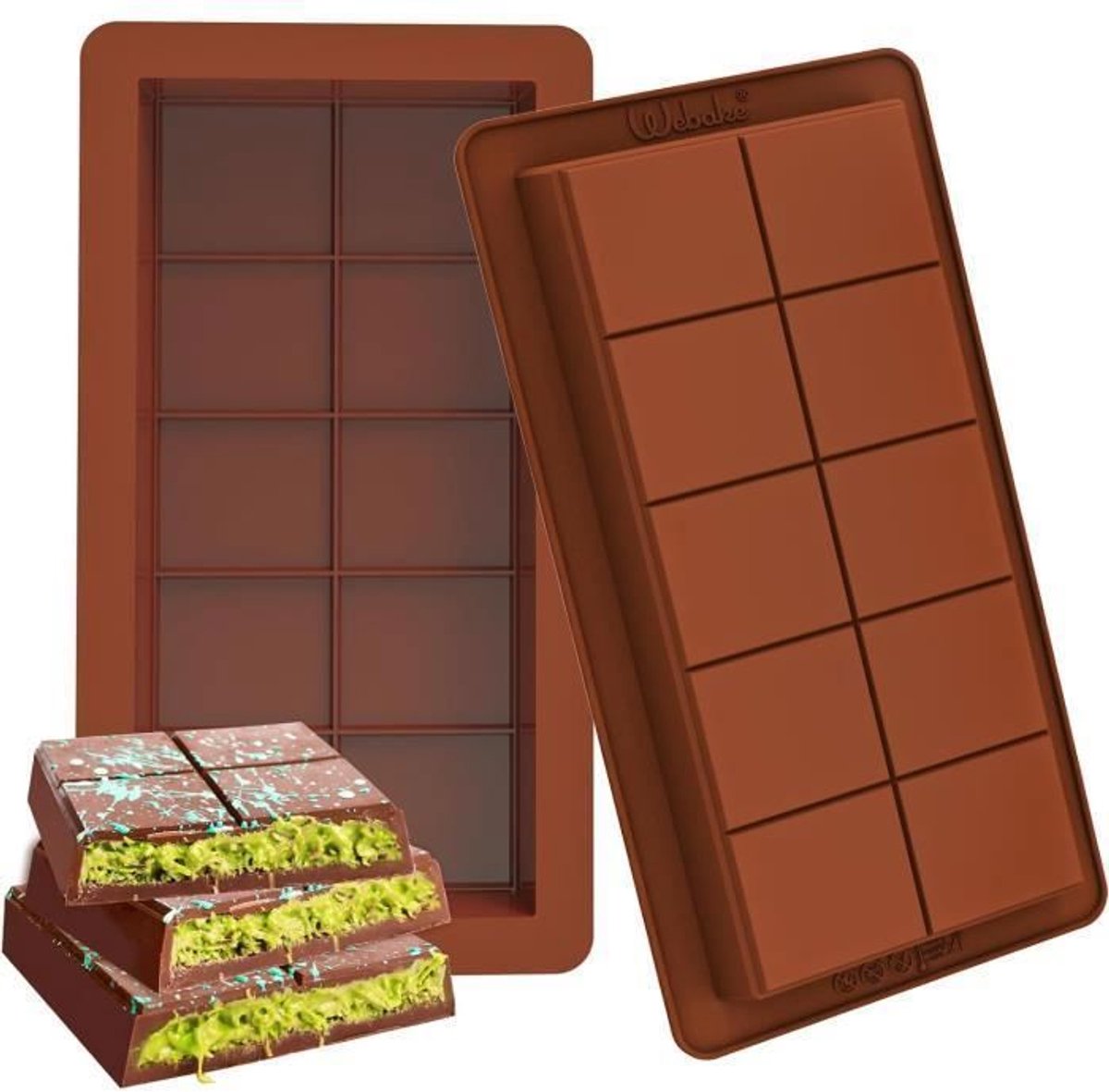 Siliconen chocoladevormen, een set van 2 vormen voor repen pure chocolade.