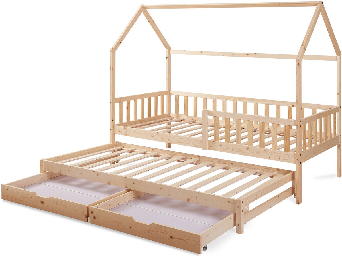 en.casa Kinderbed Aarghonmaa met uitschuifbed en opberglades 90x200 cm naturel [en.casa]