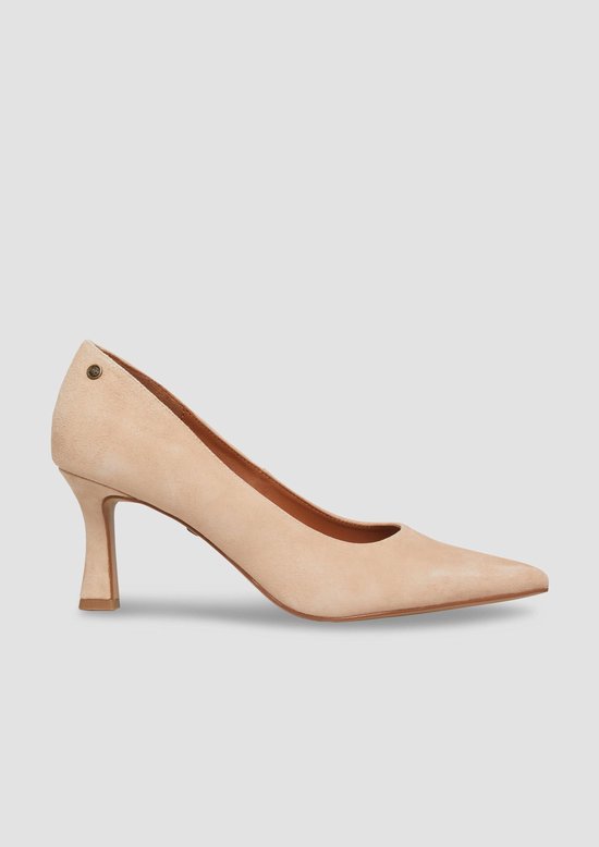 Lichtroze suède pumps met spitse neus en flared hak.