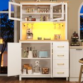 Buffetkast - opbergkast - keukenkast - dressoir - 105,5x40x180 cm - landelijke stijl - 4 deuren - met LED-verlichting en wijnrek - wit