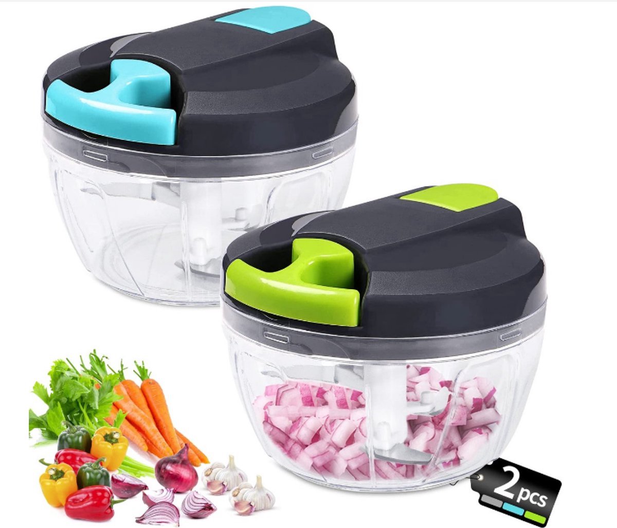 Kraftverdia™-Handmatig hakmolen-520 ml Mini Uienhakker-Uiensnijder Keuken-3 Roestvrijstalen Messen-Groentesnijder-2 stuks