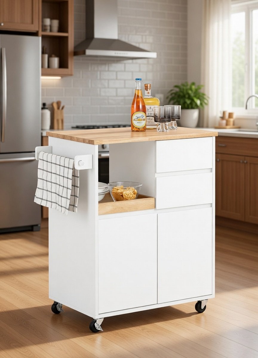 Premium Keukeneiland en Rolwagen met Werkblad – Mobiele Keukentrolley met 2 Laden en 2 Deuren, Servierwagen met Wieltjes, Multifunctioneel Keukenkastje voor Keuken, Woonkamer en Eetkamer, Wit, 72 x...