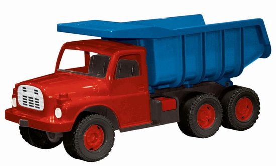 Rode en blauwe Dino Toys kiepwagen met zwarte wielen en rode velgen.