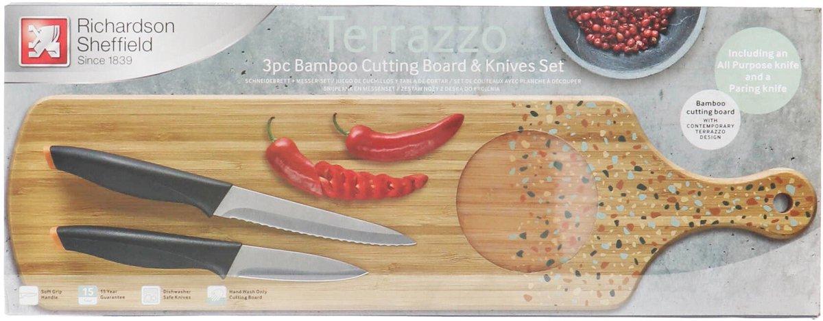 Richardson Sheffield Bamboo Terrazzo snijplank met schil- en huishoudmes