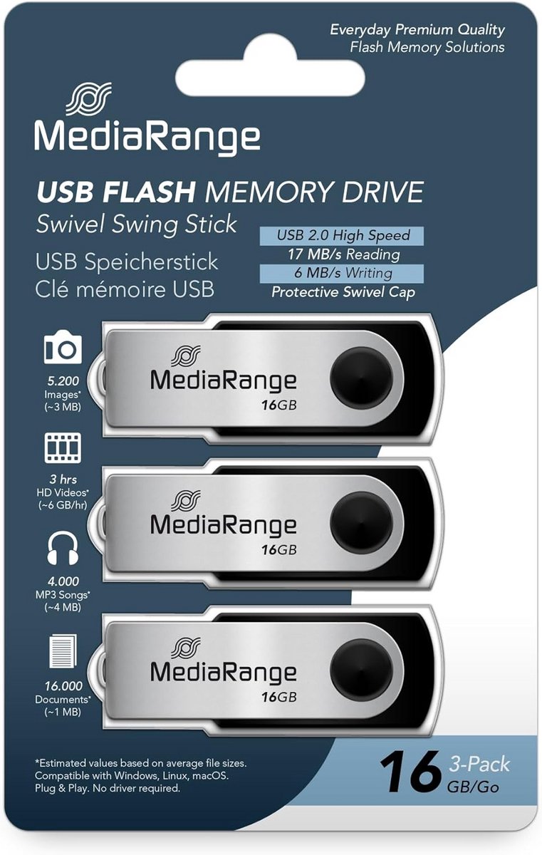 3-Pack USB-sticks 32 GB USB 2.0 Geheugenstick Draaibaar Zwart Zilver