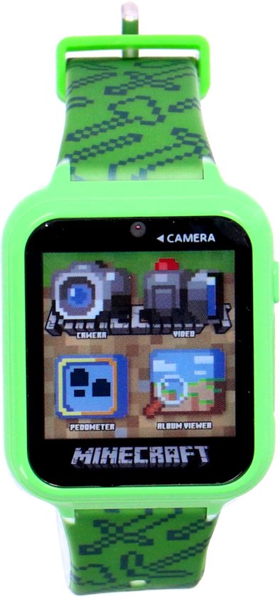 Groen Minecraft smartwatch met pixelpatroon bandje. Scherm toont camera-, video-, stappenteller- en albumviewer-icoontjes.