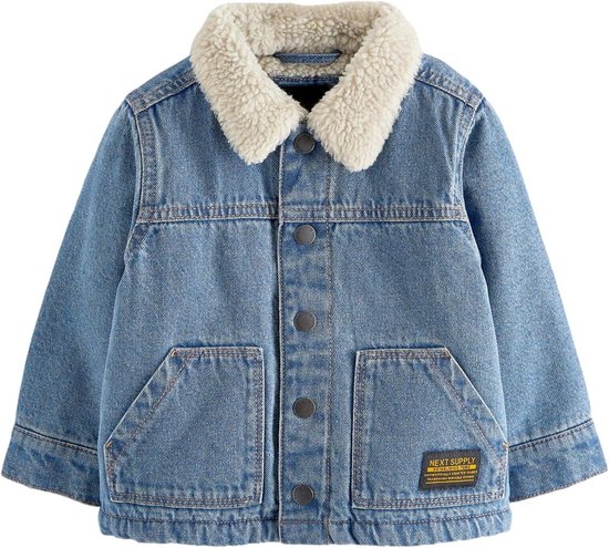 Blauw denim spijkerjack voor kinderen met crème borgkraag en knoopsluiting.