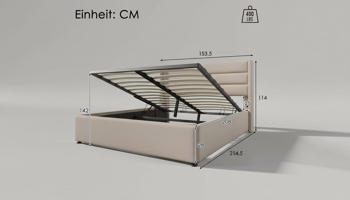 Hydraulisch Opbergbed 140x200 cm Casa Velluto – Modern Linnen Tweepersoonsbed met Gevoerd Hoofdeinde, Houten Lattenbodem en Sterk Metalen Frame – Beige Slaapkamermeubel
