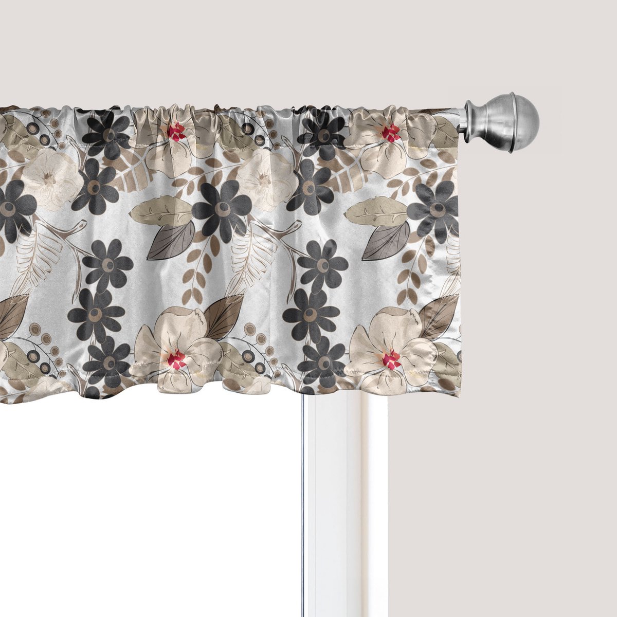 ABAKUHAUS Bloemenpatroon raamvalletje, gordijnvalletje voor keuken en slaapkamer met tunnelzoom, 137 cm x 45 cm, beige ivoorkleurig zeehondenbruin