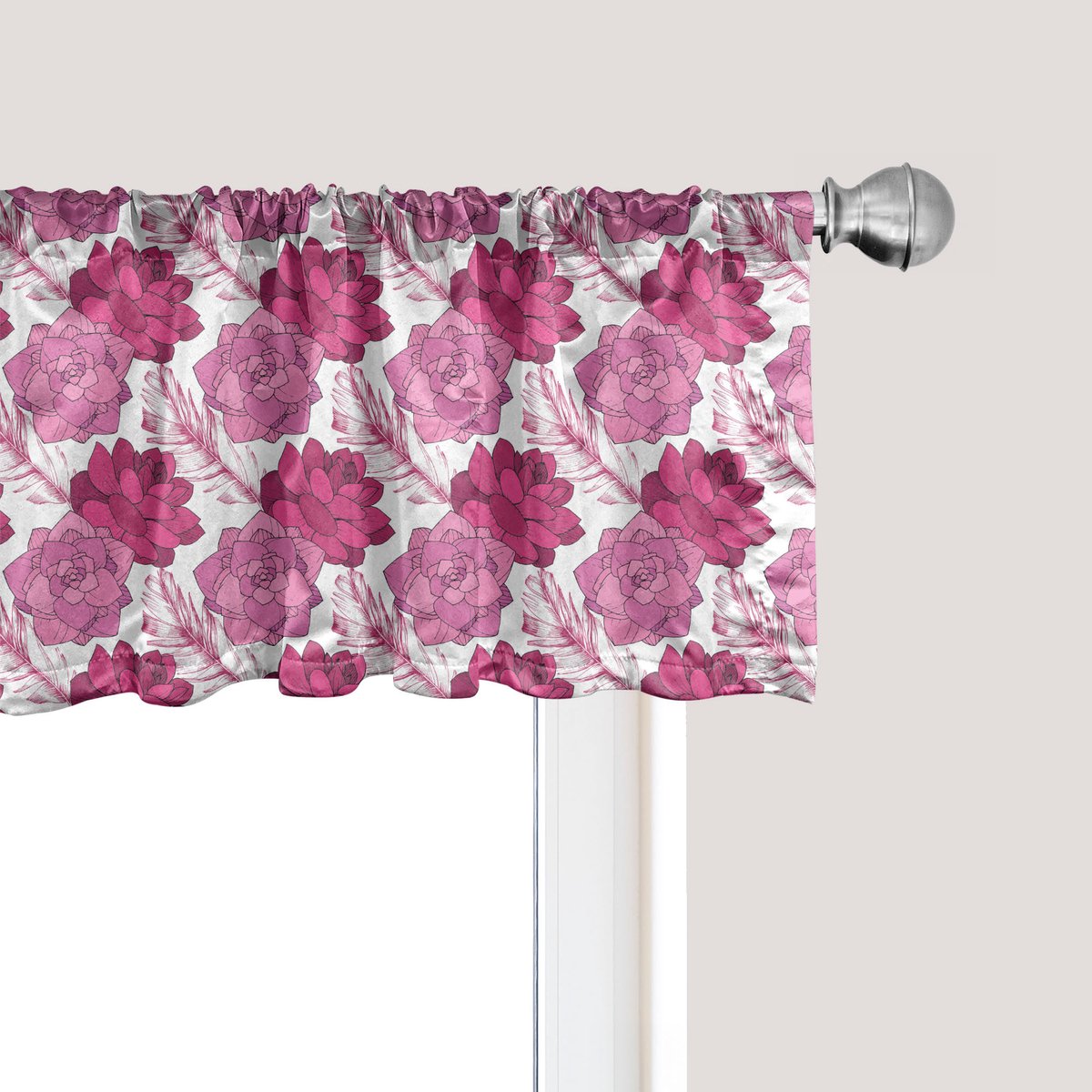 ABAKUHAUS Bloemenpatroon voor het raam, gordijnvalletje voor keuken en slaapkamer met tunnelzoom, 137 cm x 30 cm, magenta-roze en wit