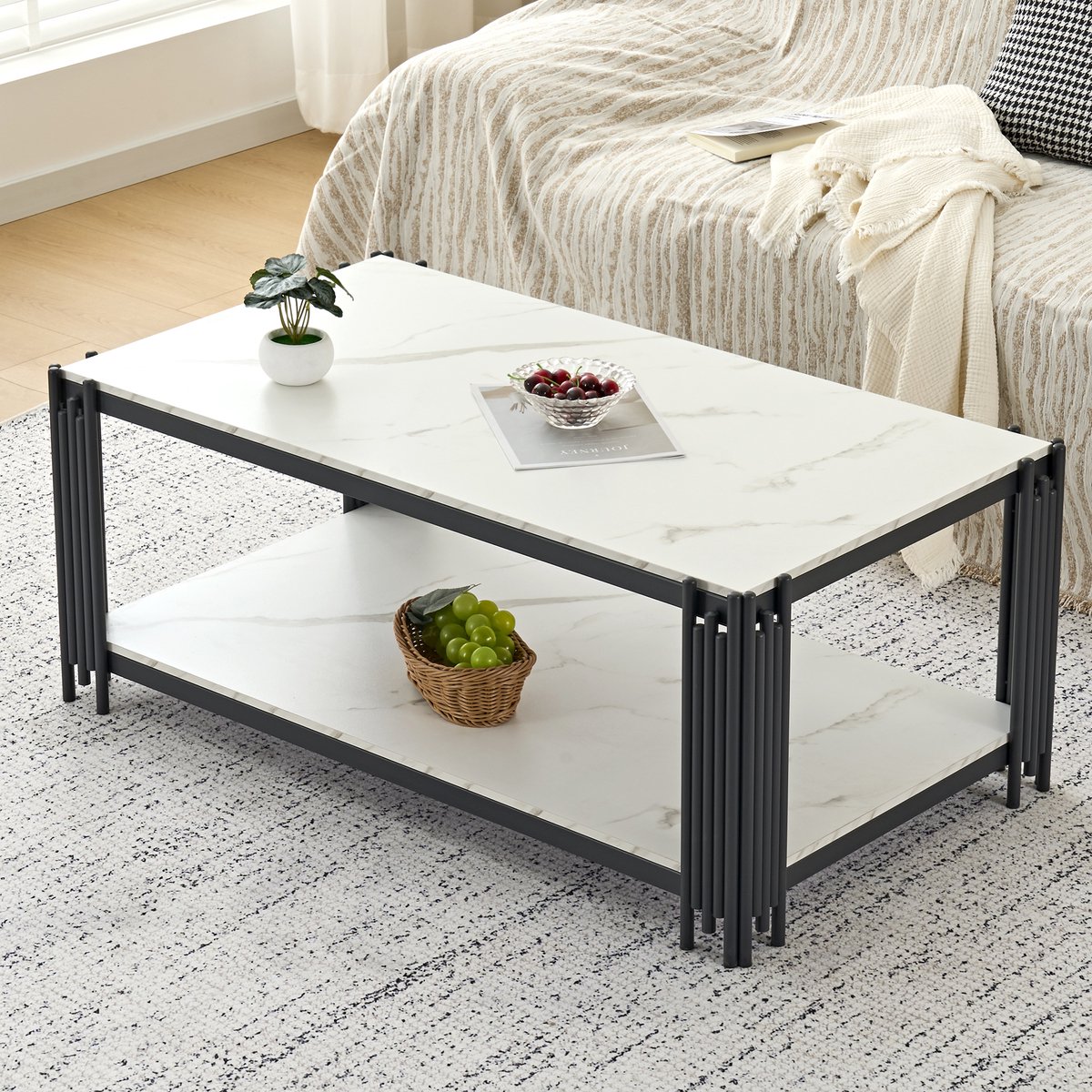 STILVORA Salontafel - Marmerlook Blad Met Metalen Poten En 2 Legplanken - Modern Voor Woonkamer - MDF;Metaal - Wit;Zwart - 114x64x46 Cm