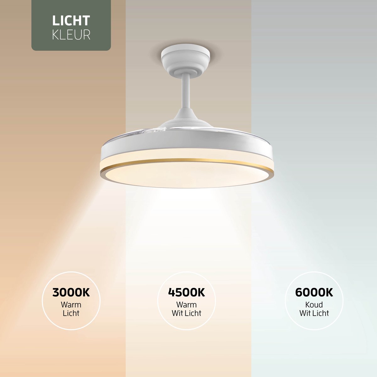 Varin® Smart Plafondventilator met LED verlichting RGBW - Wit/Goud - Tuya Wifi - Ø 50cm/108cm - Super stil - Smart lamp - Plafondlamp slaapkamer - Plafonniere woonkamer - Plafondlampen - Plafond lamp - Verlichting kinderkamer - Plafond ventilator thumbnail 6