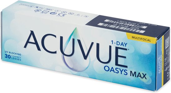 Verpakking ACUVUE OASYS MAX 1-DAY MULTIFOCAL, 30 lenzen, met UV-blokkering. Blauwe en witte doos met druppel-logo.