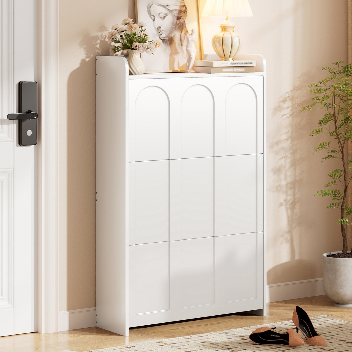 HAUSS SPOLE Schoenenkast - Met 3 Klapdeuren En Lade - Smal Model Voor Hal En Entree - MDF Wit - 70x25x120 Cm