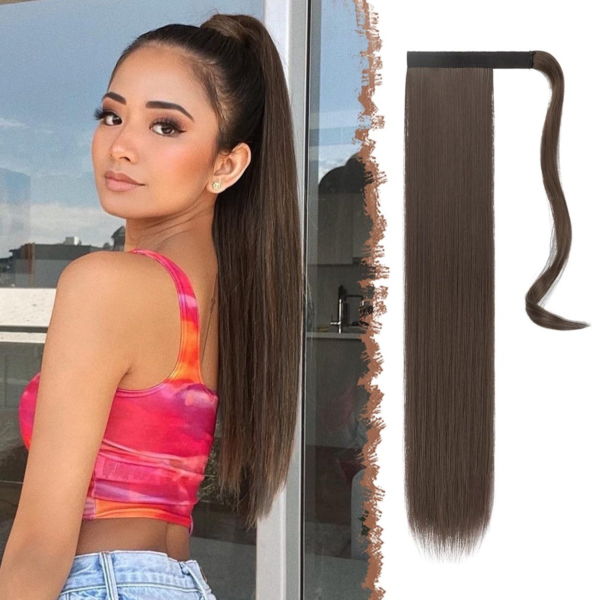 Lange Rechte Clip-in Paardenstaartverlenging Synthetisch 60cm