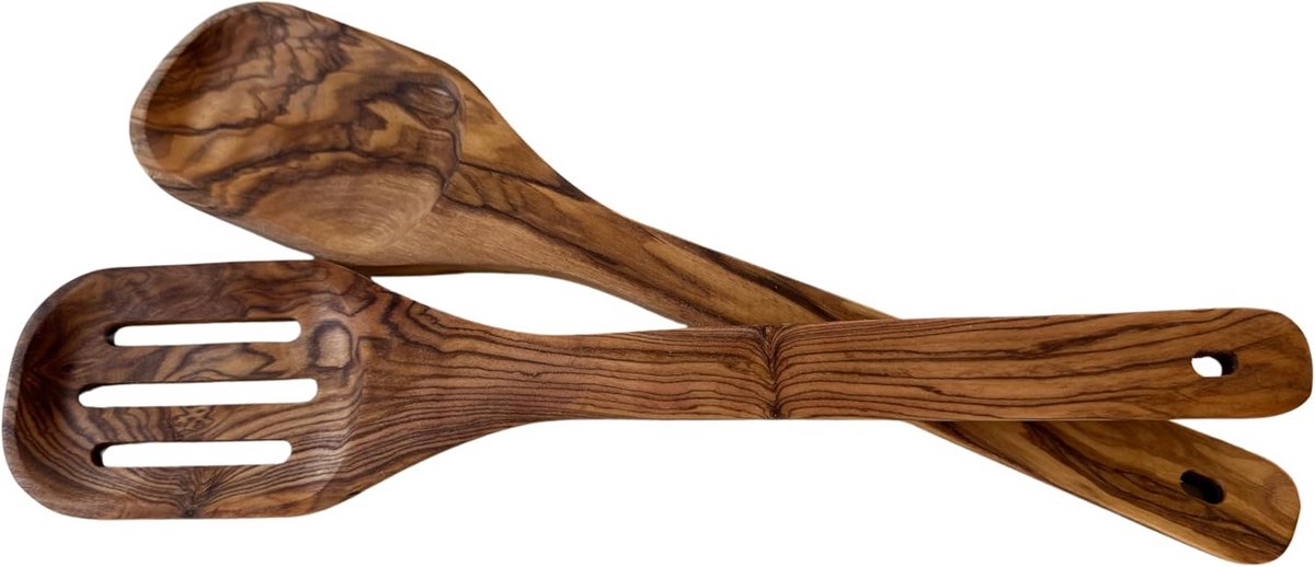 Set van 2 Ovale Houten Kooklepels - Handgemaakt Olijfhout Slagbestek