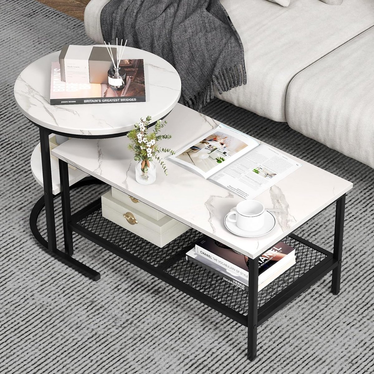 Set van 2 Stapelbare Salontafels met Kunstmarmer en Metalen Frame