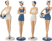 Set van 4 decoratieve beeldjes van vrouwen in retro badpakken, blauw en wit, sommigen met bal.
