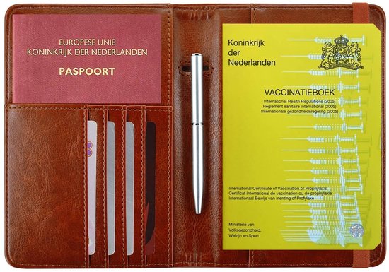 Etui Passeport de Vaccination - Carnet de Vaccination - Carnet Jaune Vaccinations - Porte Passeport avec Protection Anti Skim - Marron Cognac