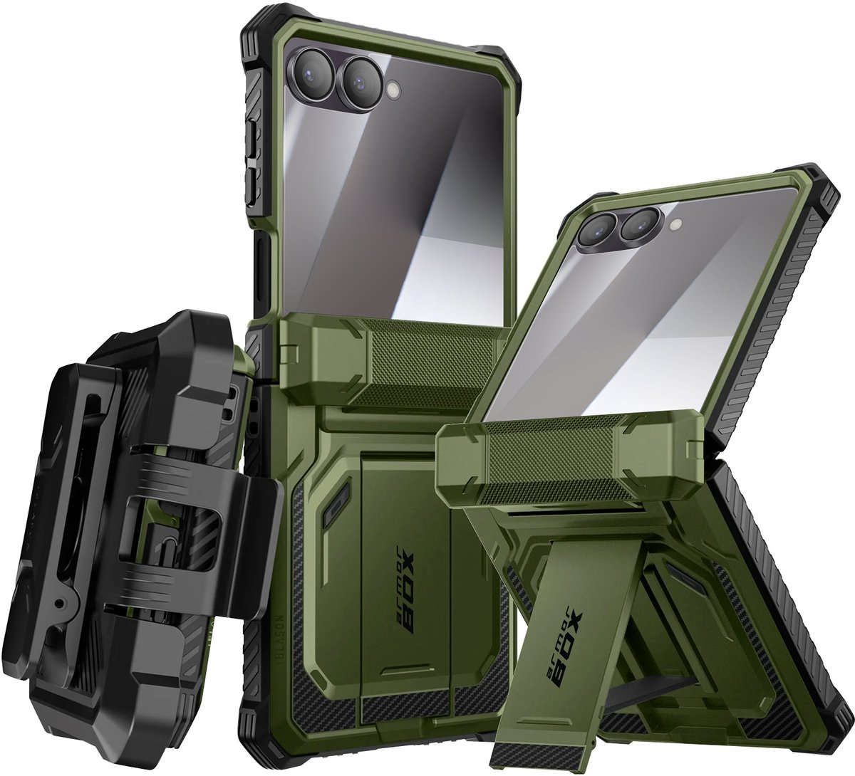 i-Blason, Hoesje Geschikt voor Samsung Galaxy Z Flip 7 Model Armorbox met Gehard Glas en Riemclip, Donkergroen