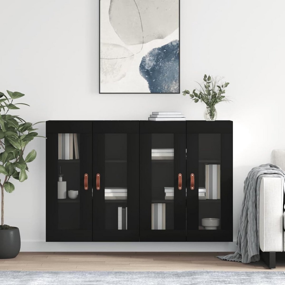 Set van 2 Wandkasten Zwart Hout en Glas - Hangkast Keuken Badkamer Woonkamer