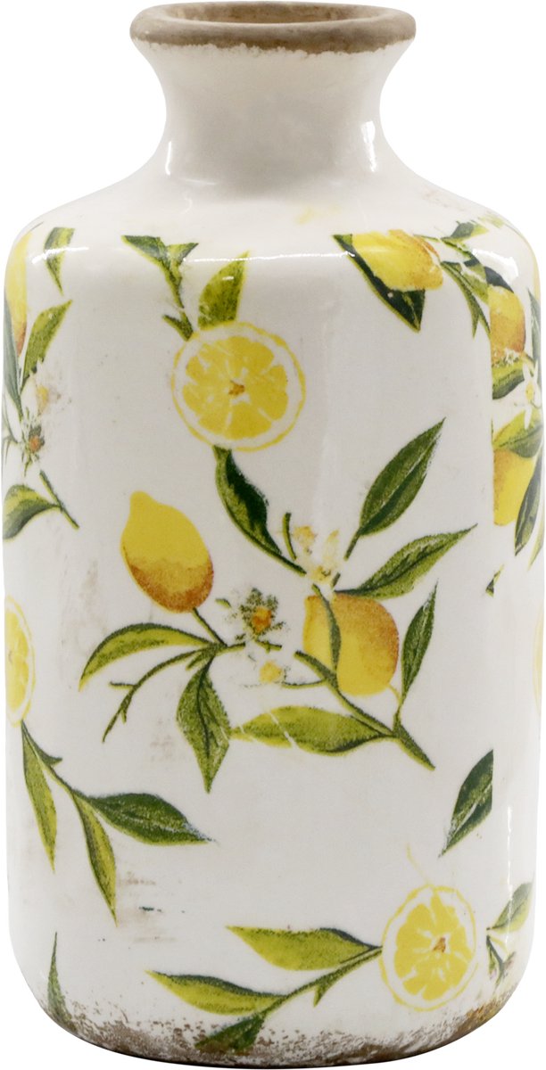 Chic Antique Limone Fles / Vaas met Citroenenmotief – Keramische Decoratie – Landelijke Sfeer
