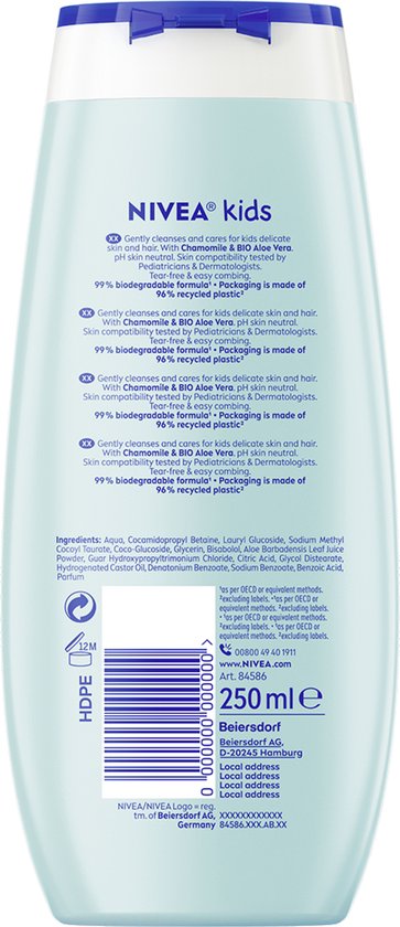 Nivea Kids douche, shampoo & conditioner 250ml fles met blauwe dop. Zachte, lichtblauwe vloeistof. Achterkant met productinformatie.