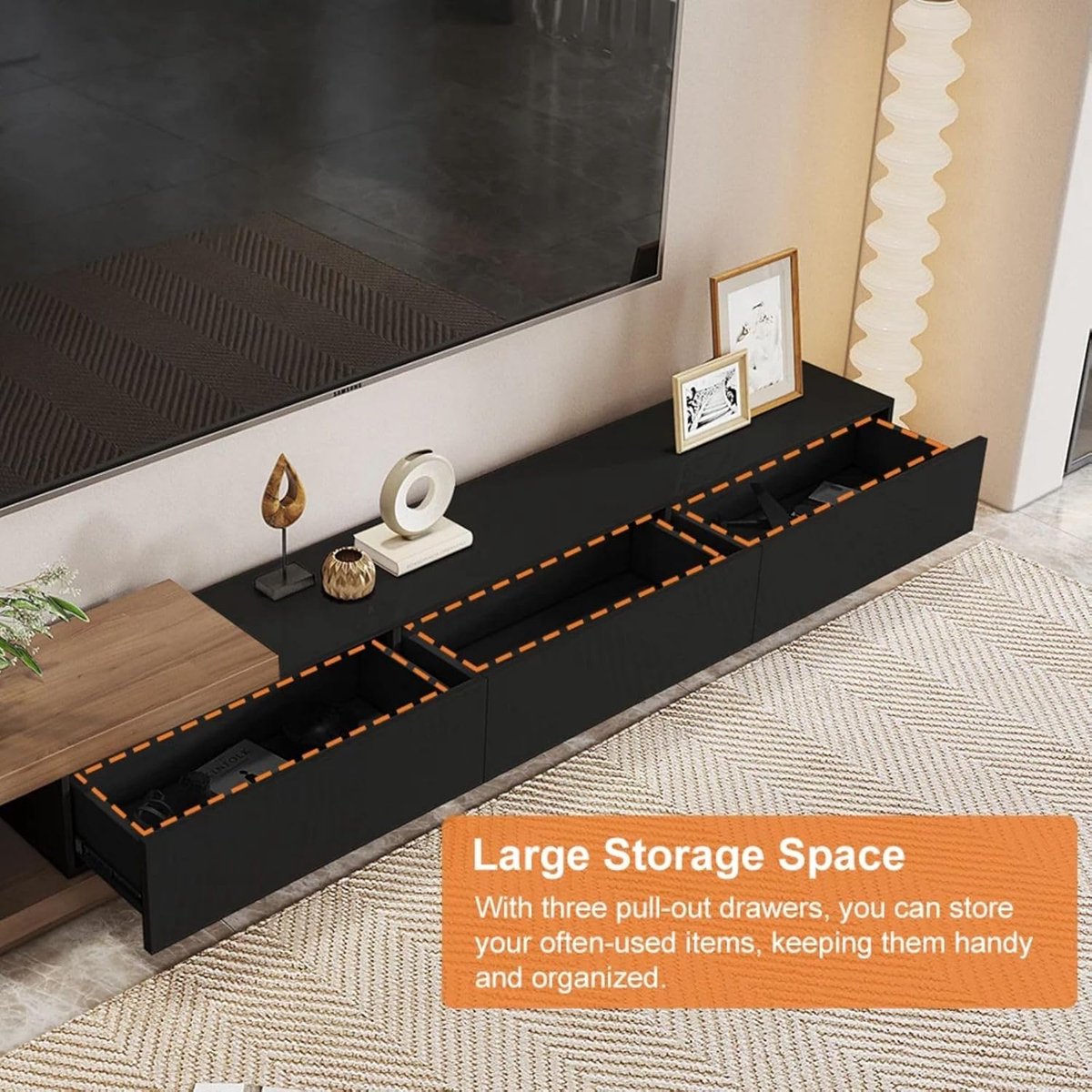 Uitbreidbare TV-kast 179-255 cm met 3 laden, Moderne Woonkamer Mediakast in Zwart & Walnoo