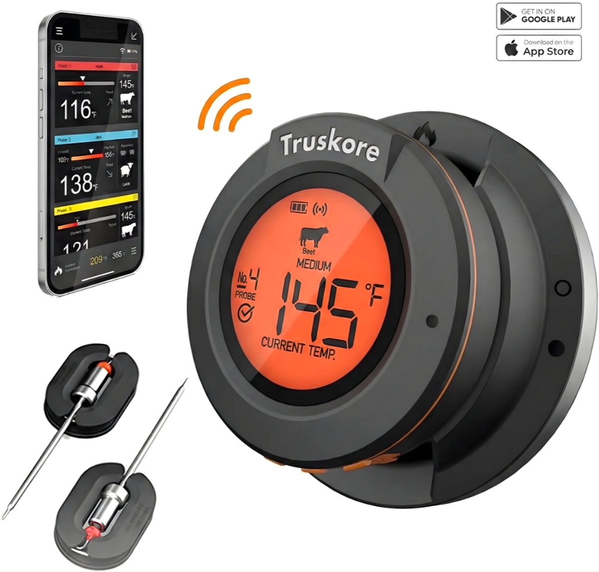 Truskore Vleesthermometer - Smart BBQ Thermometer - Inclusief Bluetooth, App & 2 Meetsondes