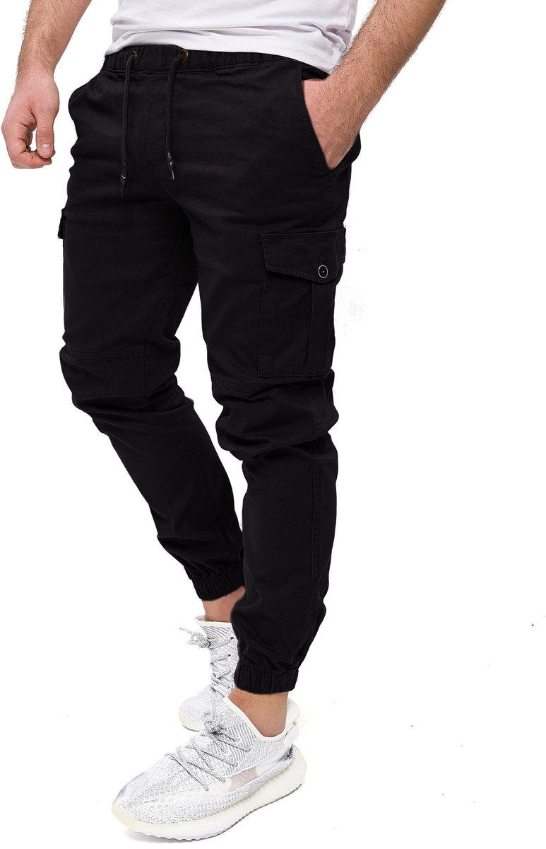 PITTMAN Heren Cargobroek Darius – Tapered Fit – Katoen Stretch – Zwart – Koordsluiting
