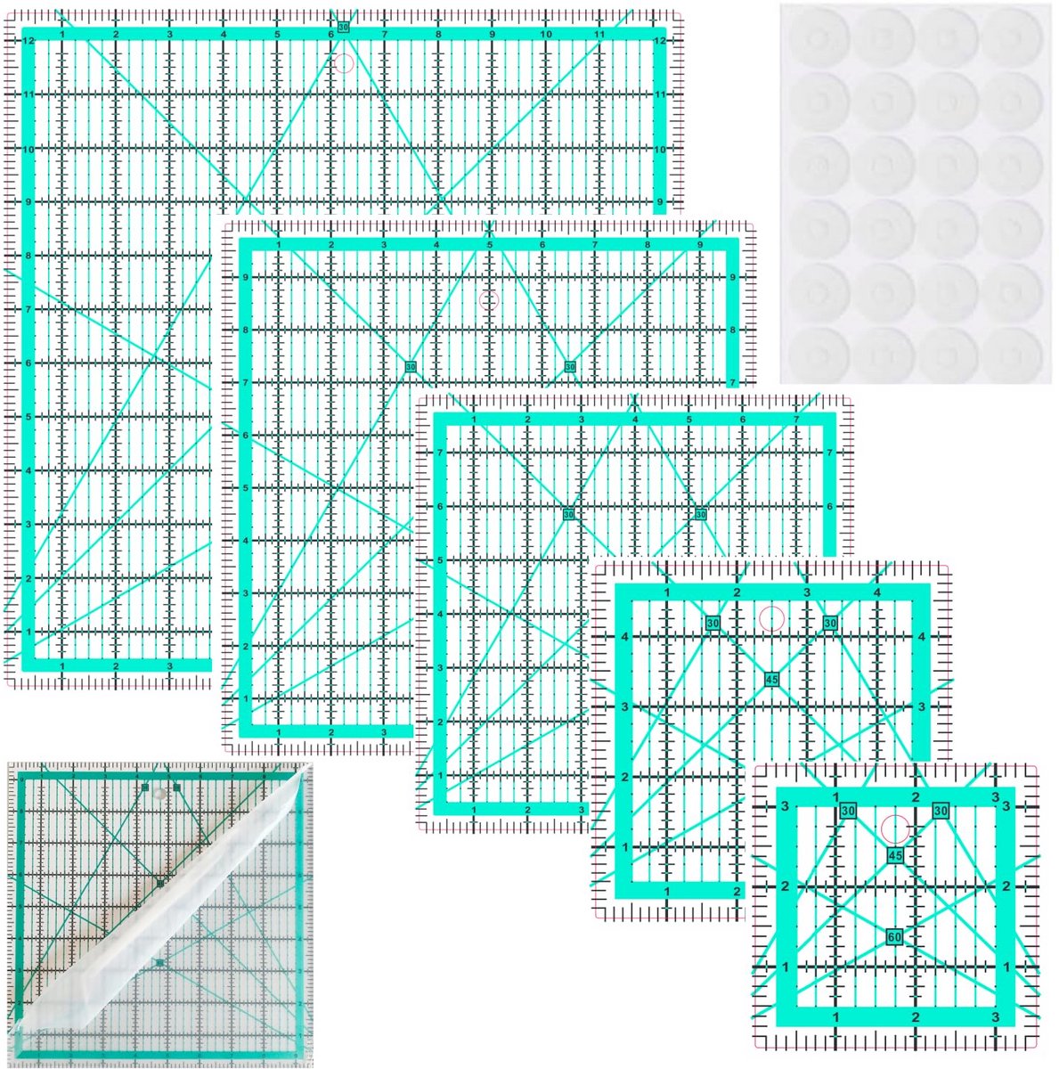 Set van 5 Vierkante Quiltlinialen voor Patroontekenen en Snijden, Antislip