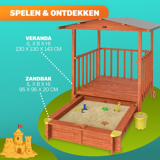 Bac à Sable Spielwerk Sami 120x120cm – Bois D'épicéa Traité, Toit Réglable Protection UV 50+, Tapis De Sol