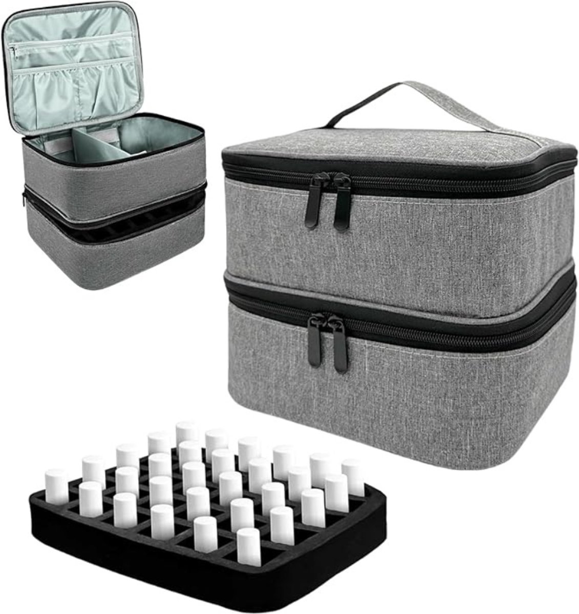Verte Nagellak Organizer - Nagellak Organizer Tas - Nagellak Opbergdoos - Dubbellaagse Nagellak Opbergdoos - Nagellak Opbergdoos - Make-up Tas voor Vrouwen - Cosmetica Tas voor 30 Flesjes - Grijs