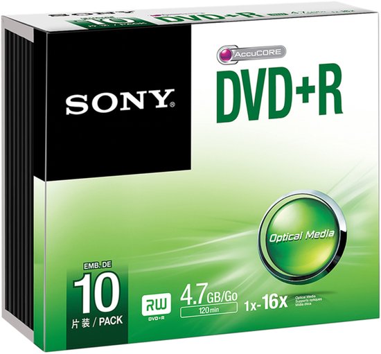 Sony DVD+R 10 stuks in slimcase, 4.7GB, 1x-16x.