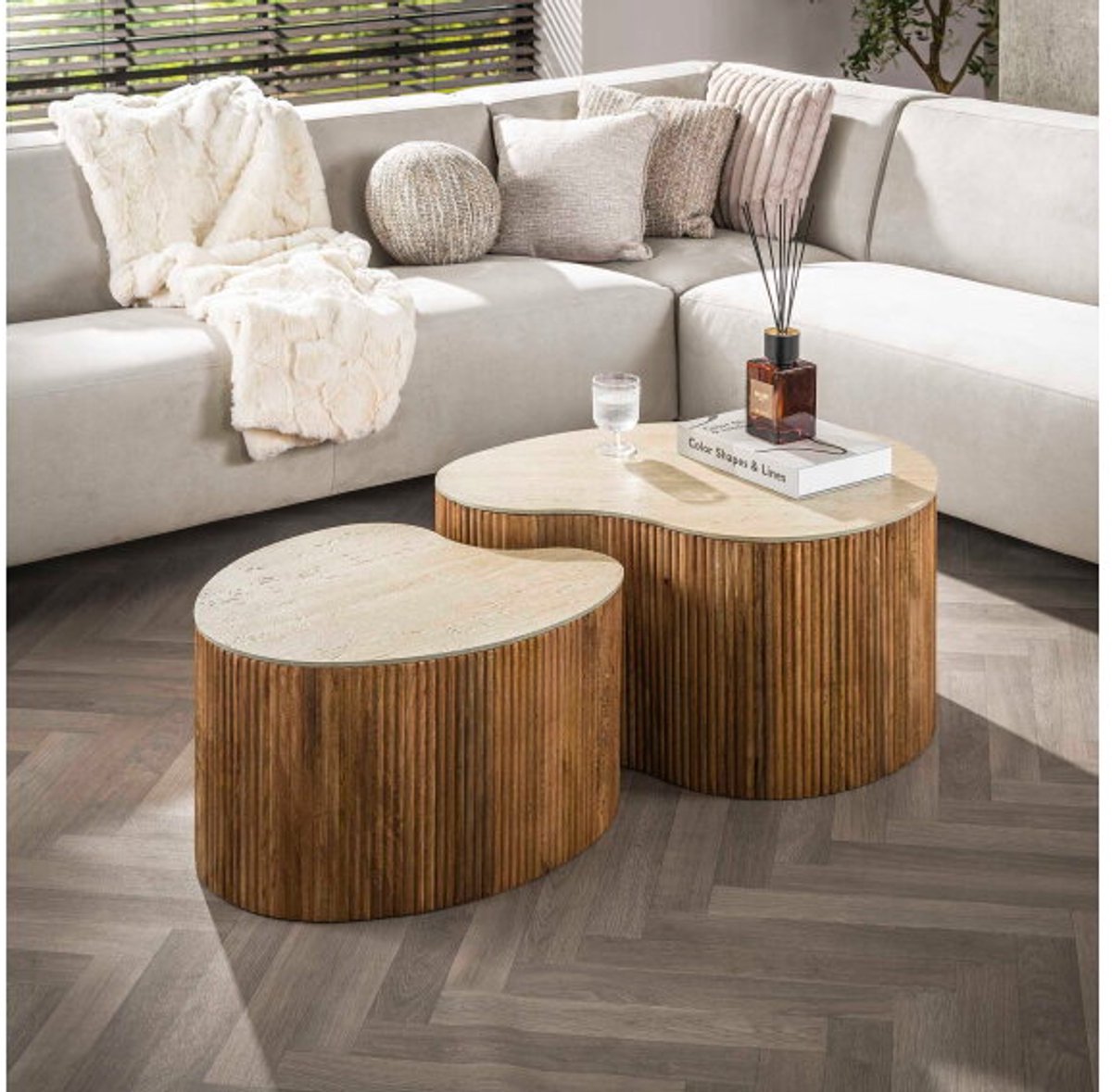 Meubelplaats Salontafel Nuovo organisch set van 2 travertin keramiek - beige