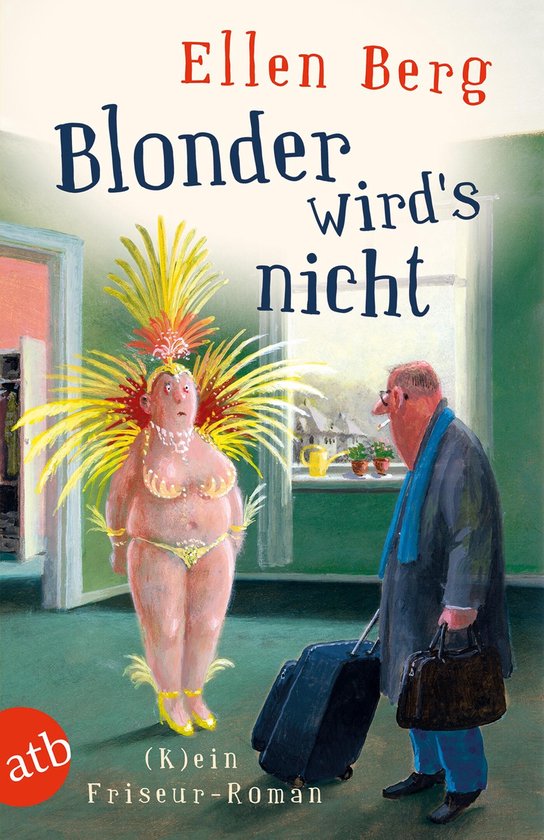 Een geillustreerde omslag met de titel 'Blonder wird's nicht'. Een dikke vrouw in een geel carnavalskostuum staat naast een man met een koffer.