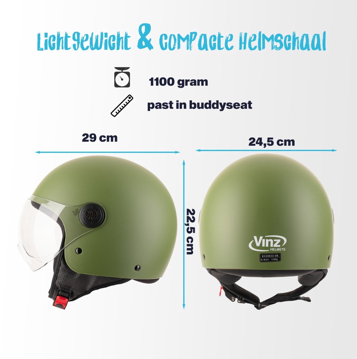 VINZ Duoro Jethelm met Vizier - Scooterhelm & Motorhelm & Brommerhelm - Lichtgewicht - Army Green - M – foto 5