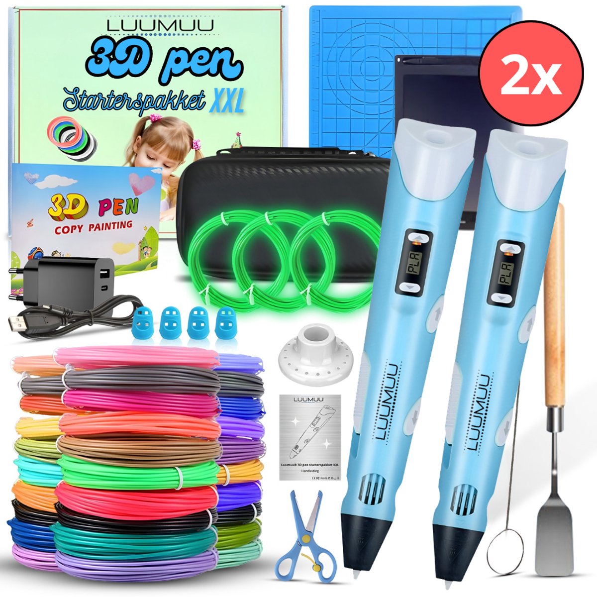 Luumuu® 3D Pen Starterspakket XXL Duo Set - 2 Blauwe 3D Printing Pennen - 3D Tekenen - Incl. 200m Filament Vullingen - Glow In The Dark - Tekenmat - Sjablonen Boek - Tekentablet - Voor Kinderen - Complete Set