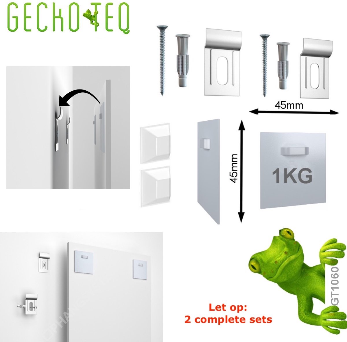 GT1060 GeckoTeq 1 x set van 2 stuks zelfklevende ophangplaat-hanger-voor foto-glas-spiegel-DiBond-Forex 45x45mm tot 1kg